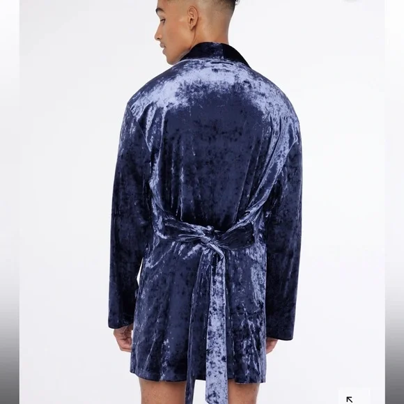 Savage X Fenty Navy Blue Whiskey Room Velvet Smoking Jacket & Boxers Pajamas Set - Picture 2 of 13